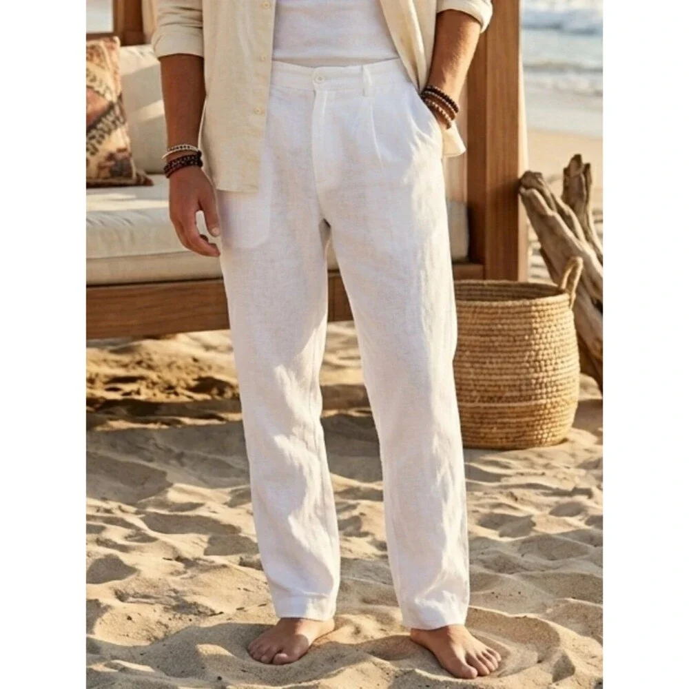 Trust Men's White Linen Blend Flat Front Pants - Size 48x32 - Coastal Chic